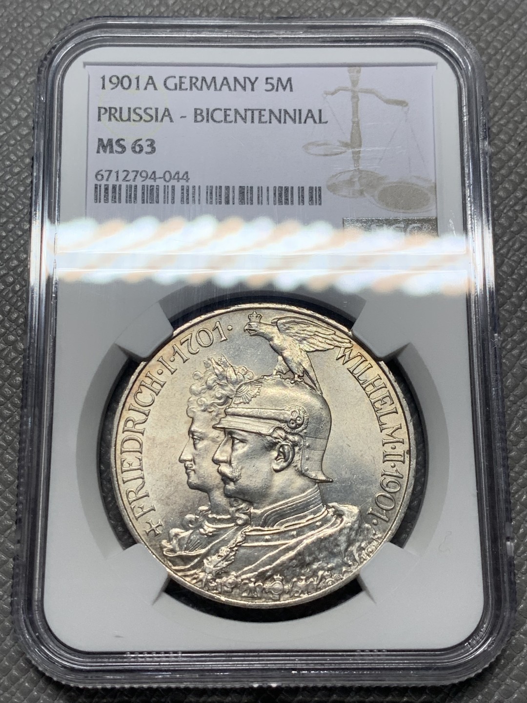 《竞宝斋》第136场-周日，周一连拍 (全场包邮) NGC-MS63 德国普鲁士1901年建国200周年纪念5马克大银币