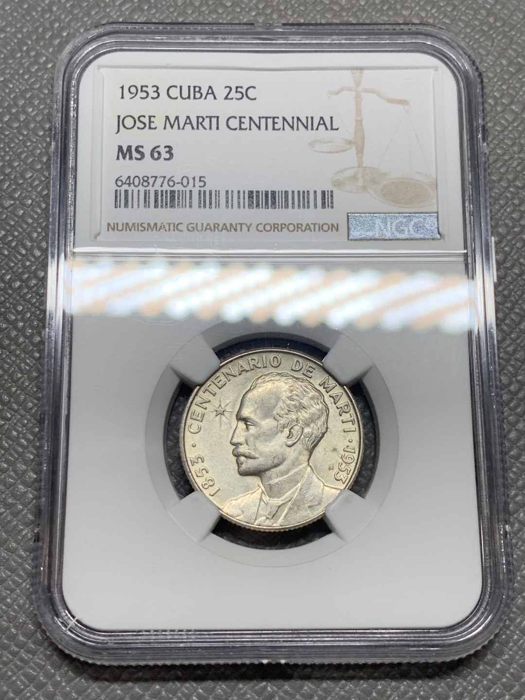 《竞宝斋》第136场-周日，周一连拍 (全场包邮) NGC-MS63 古巴1953年 马丁25分银币 热门品种