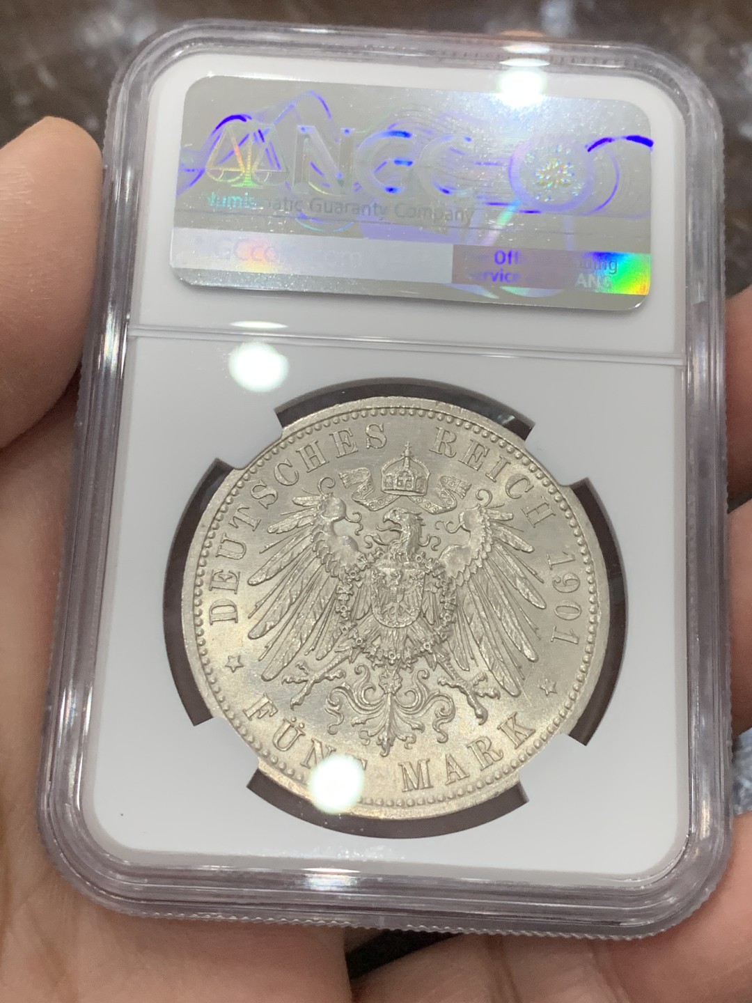 《竞宝斋》第136场-周日，周一连拍 (全场包邮) NGC-MS63 德国普鲁士1901年建国200周年纪念5马克大银币