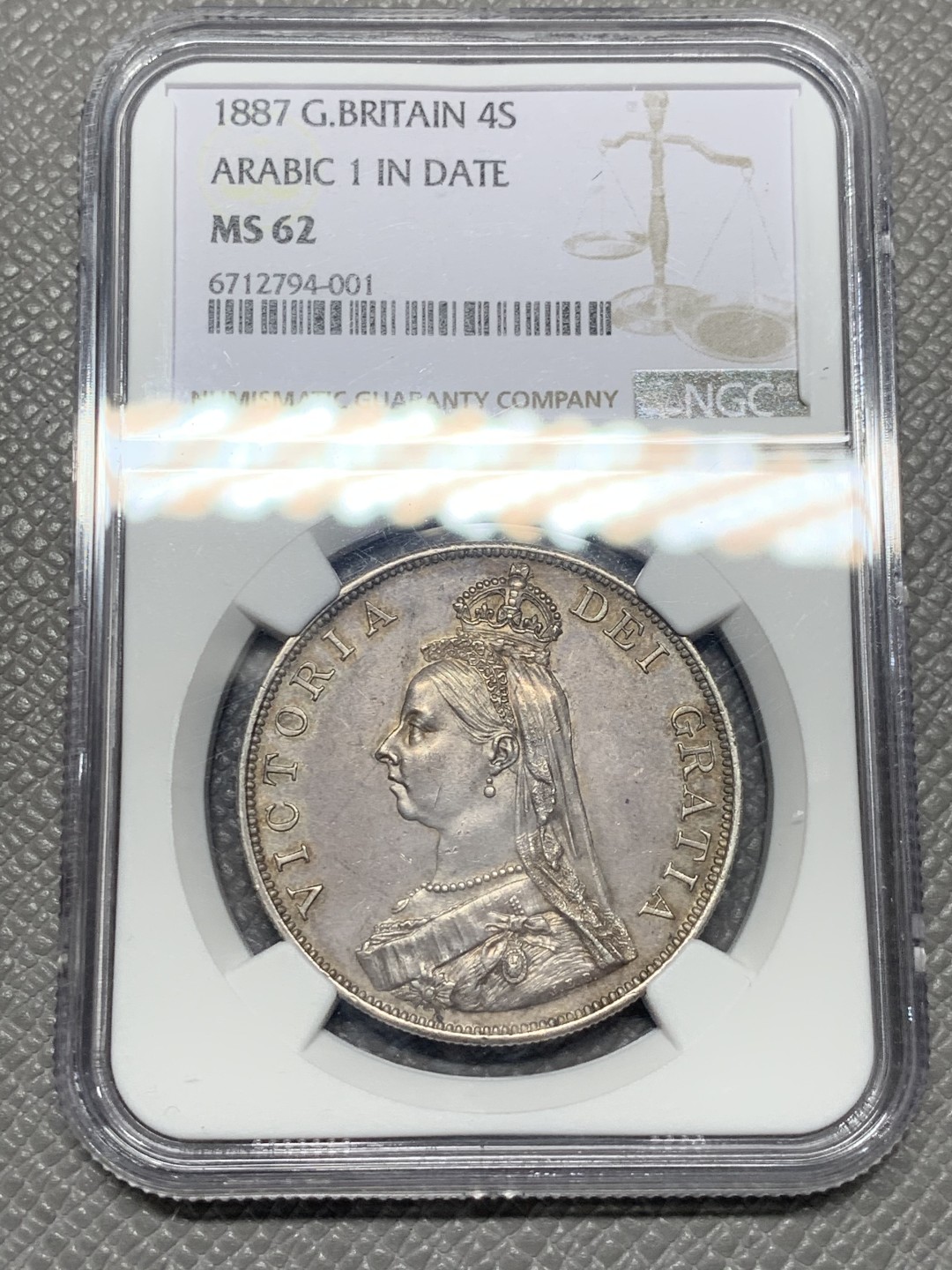 《竞宝斋》第136场-周日，周一连拍 (全场包邮) NGC-MS62 英国1887年双福林（4先令）银币 原味包浆 状态好