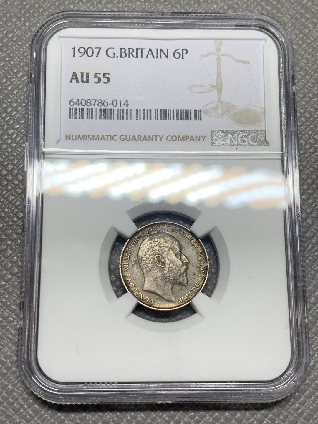 《竞宝斋》第136场-周日，周一连拍 (全场包邮) NGC-AU55 英国1907年 爱德华七世 6便士银币少见品种 一般都不给分