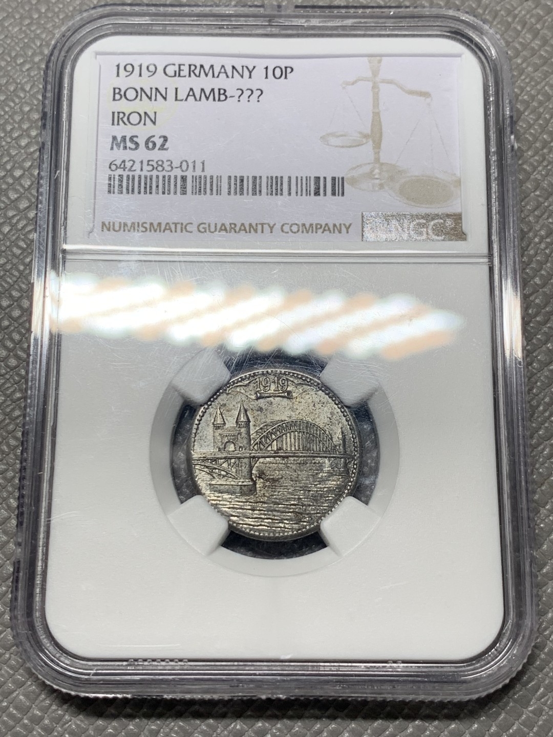 《竞宝斋》第136场-周日，周一连拍 (全场包邮) NGC-MS62 德国紧急状态时期伯恩市 1919年 10芬尼 铁质币 状态非常好德紧系列的名誉品种