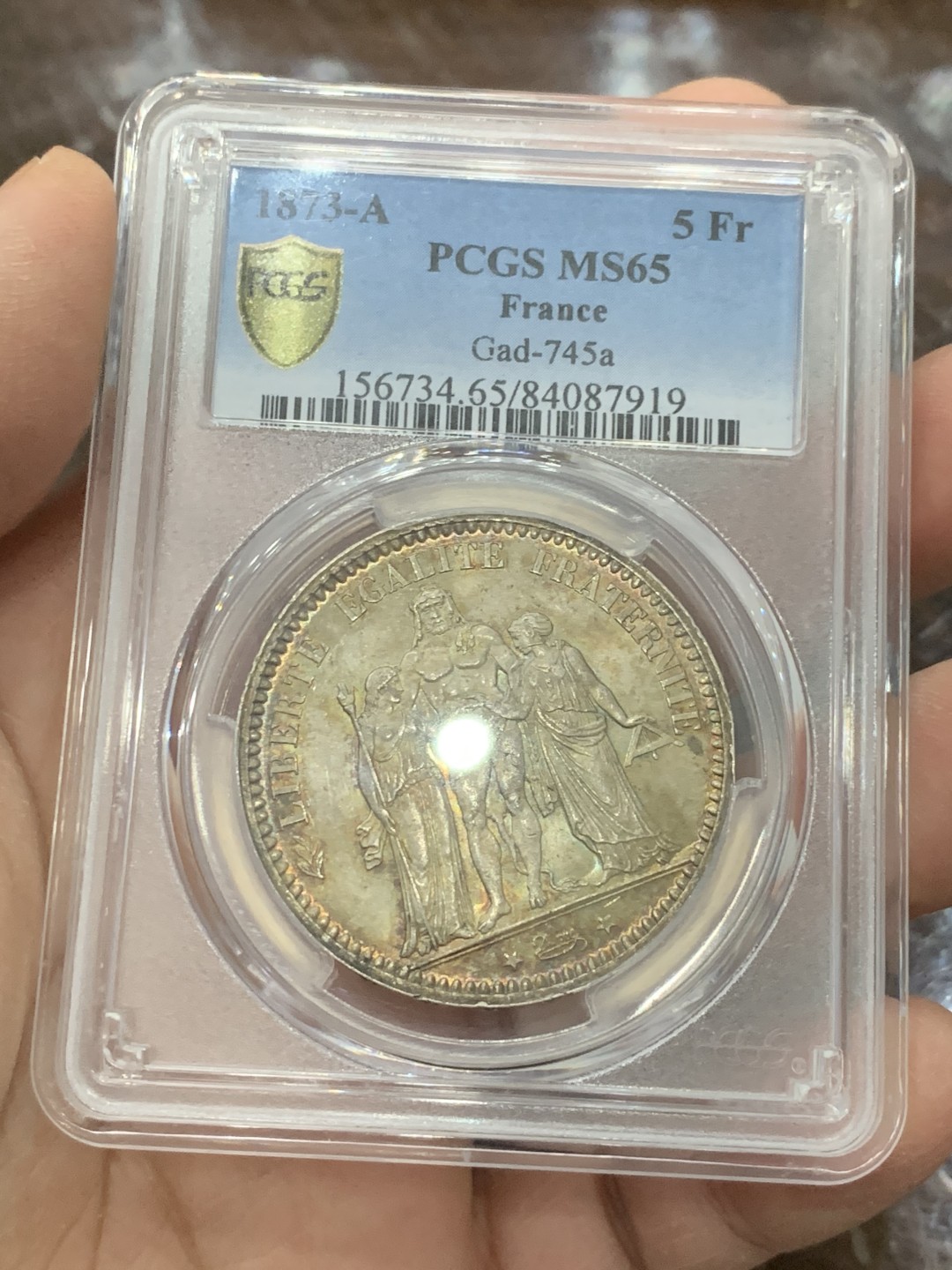 《竞宝斋》第136场-周日，周一连拍 (全场包邮) PCGS-MS65 法国1873大力神5法郎大银币，绚烂包浆，车轮光丝滑，法系热门品种，近年涨幅巨大