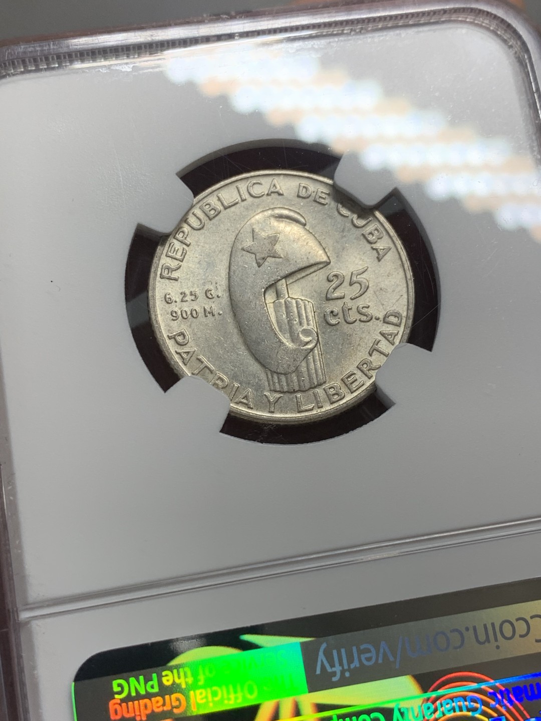 《竞宝斋》第136场-周日，周一连拍 (全场包邮) NGC-MS63 古巴1953年 马丁25分银币 热门品种