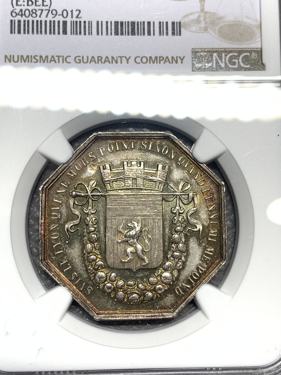 《竞宝斋》第136场-周日，周一连拍 (全场包邮) NGC-MS62 法国十九世纪 里昂商会 八角JETON银质代用币 五彩包浆 非常漂亮