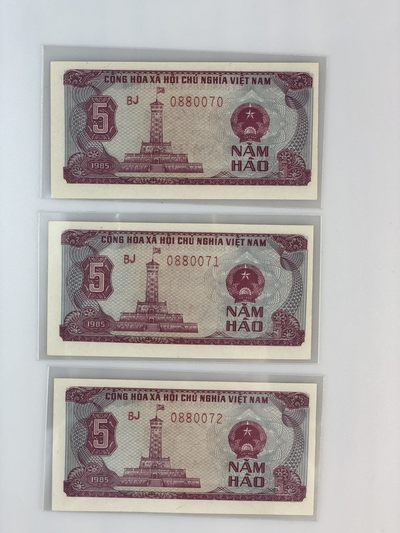 【三泉🏦Quan Se】拍卖第6期- - 越南1985年5毫 3张连号，少见【UNC】