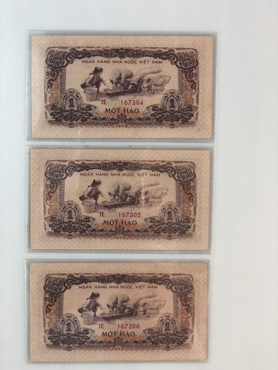 【三泉🏦Quan Se】拍卖第6期- - 越南1972年1毫（喂猪）3连号，星水印，稀少【UNC，票面有黄斑】