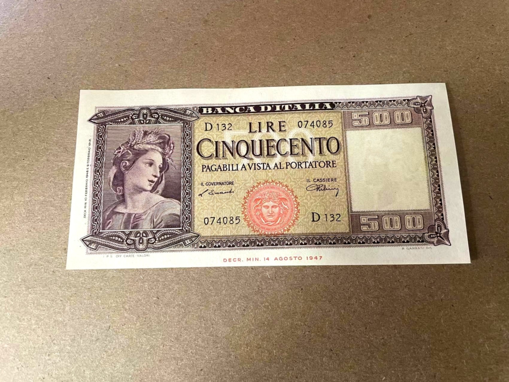 【Blue Auction】✨世界纸币精拍第294期——若泽一世国王 【初版首签 p80a】意大利 1948年500里拉 经典谷神 UNC- 水印精美 少见年份