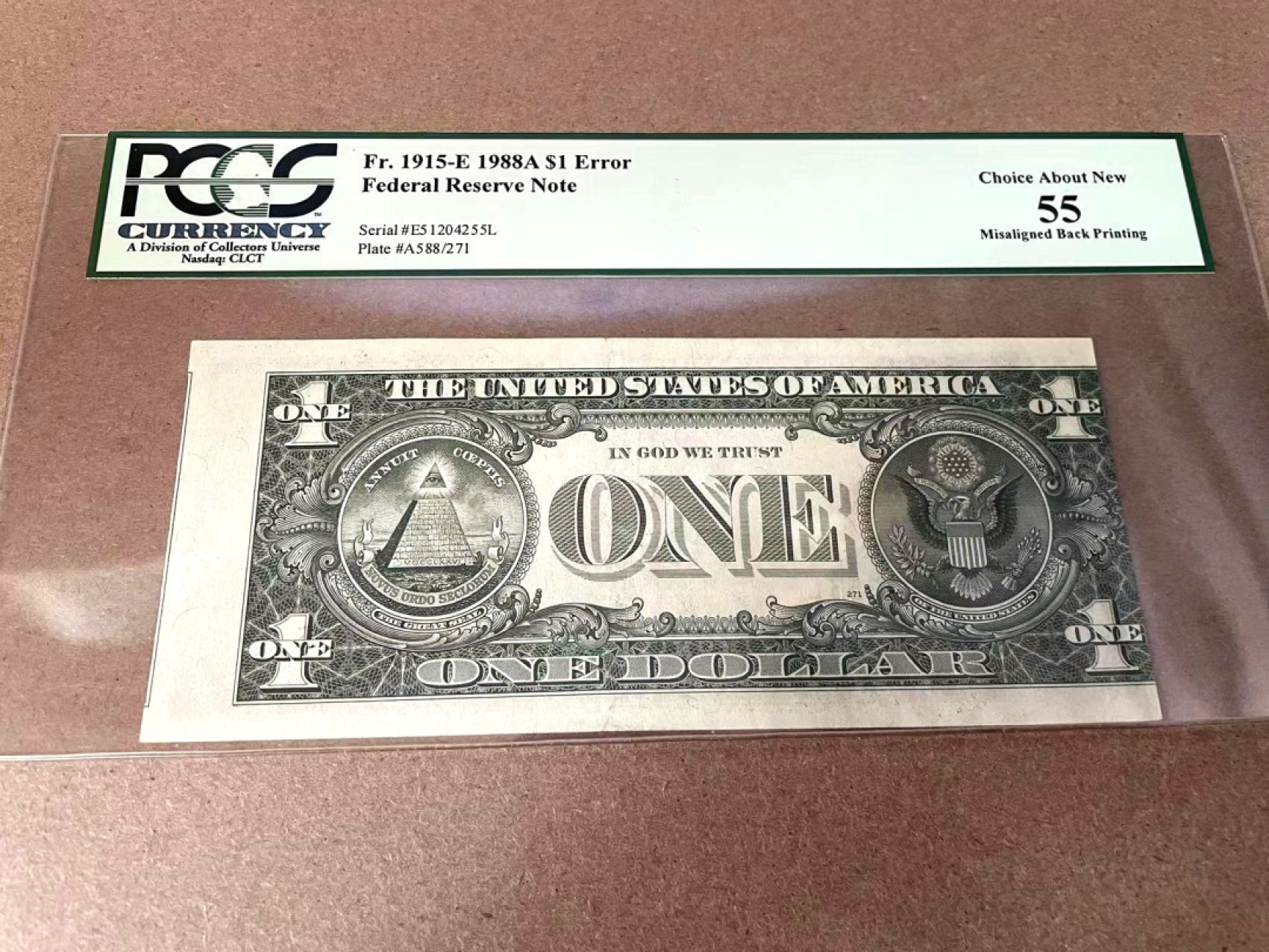【Blue Auction】✨世界纸币精拍第294期——若泽一世国王 【错票 Misaligned back printing】美国 1988A 1美金 PCGS绿标55  