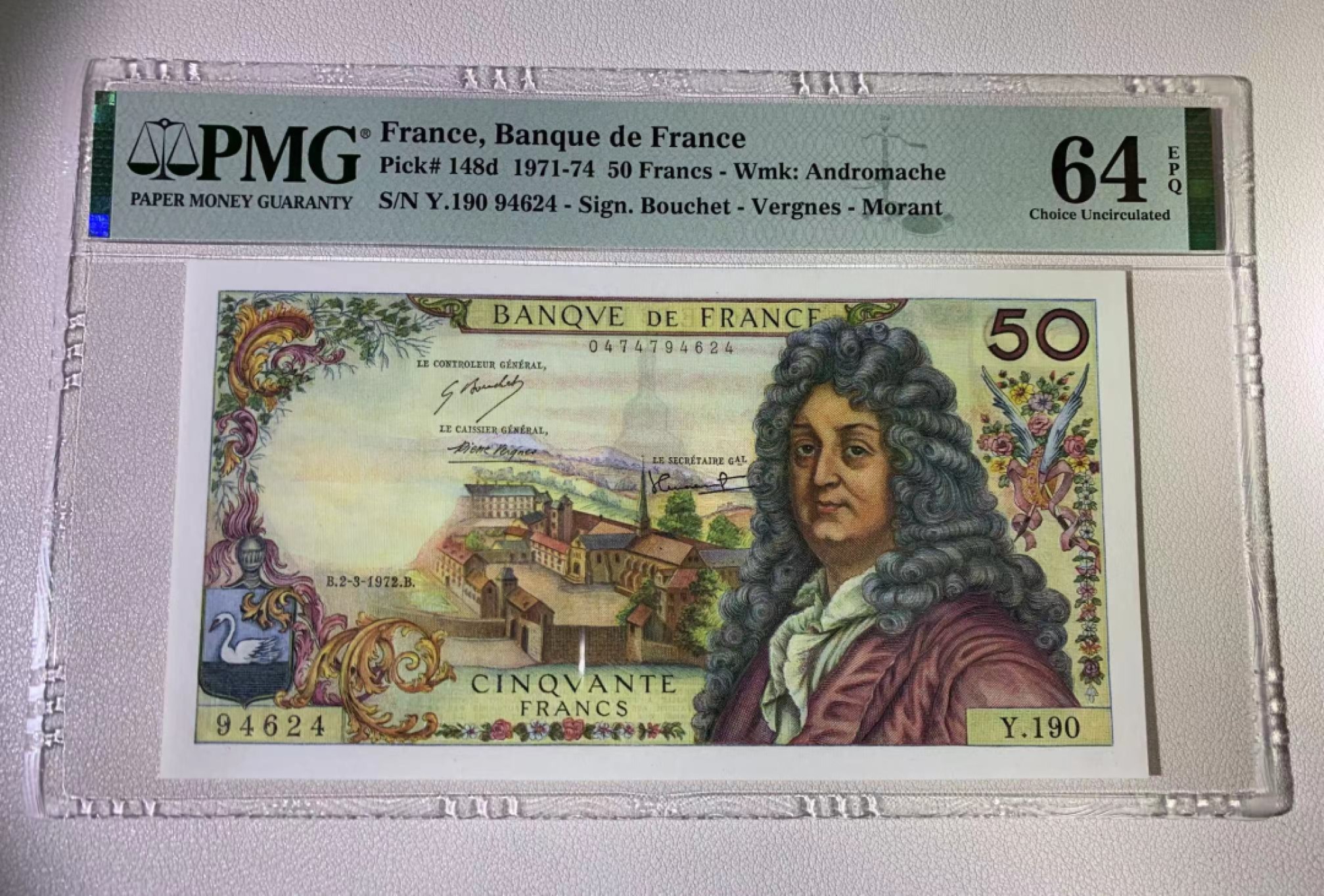 【Blue Auction】✨世界纸币精拍第294期——若泽一世国王 法国 1972年50法郎 拉辛 PMG64EPQ 