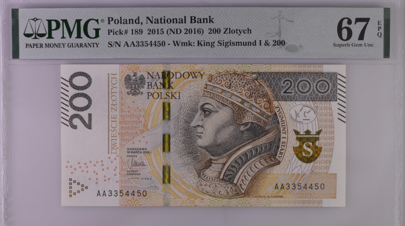 【Blue Auction】✨世界纸币精拍第294期——若泽一世国王 【AA】波兰 2015年200兹罗提 PMG67EPQ 