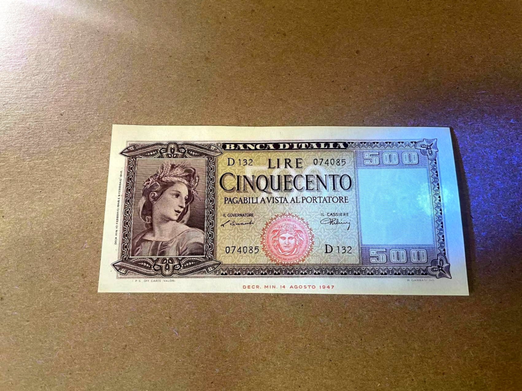 【Blue Auction】✨世界纸币精拍第294期——若泽一世国王 【初版首签 p80a】意大利 1948年500里拉 经典谷神 UNC- 水印精美 少见年份