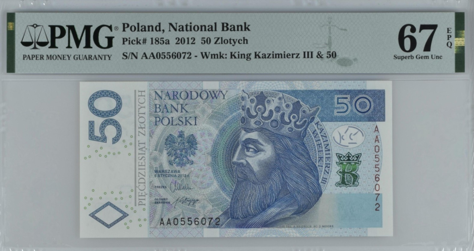 【Blue Auction】✨世界纸币精拍第294期——若泽一世国王 【AA】波兰 2012年50兹罗提 PMG67EPQ 