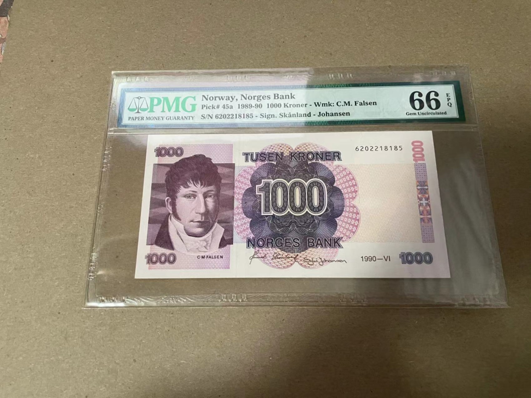 【Blue Auction】✨世界纸币精拍第294期——若泽一世国王 【无47】挪威 1990年1000克朗 PMG66EPQ 