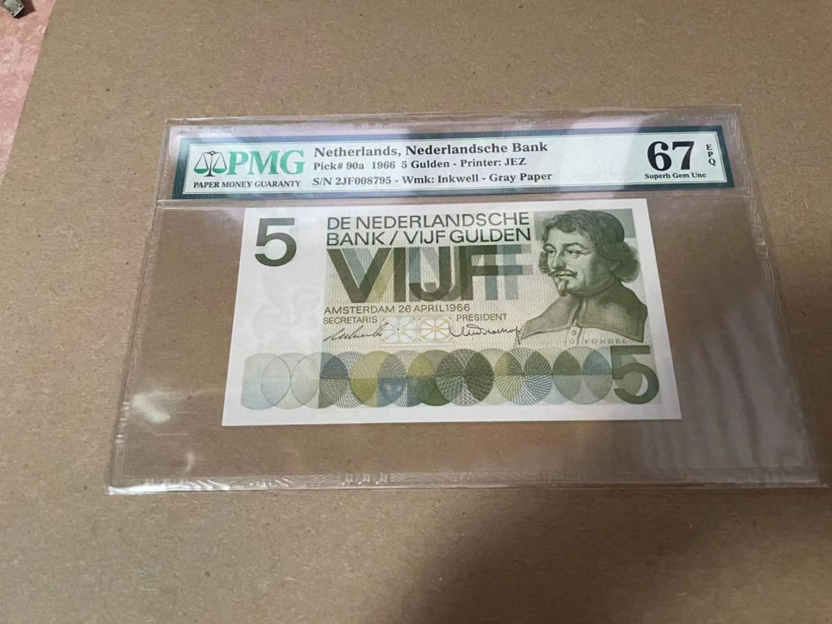 【Blue Auction】✨世界纸币精拍第294期——若泽一世国王 荷兰 1966年5盾 PMG67EPQ 