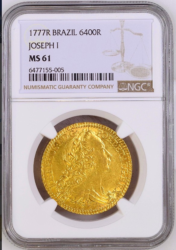 【Blue Auction】✨世界纸币精拍第294期——若泽一世国王 【该国王最后一年发行意义重大 18世纪老金币 仅3枚更高分】葡萄牙 “改革者”若泽一世国王 1777年6400R 大金币 NGC MS61 大卷毛精美 实物金光闪闪比图片漂亮
