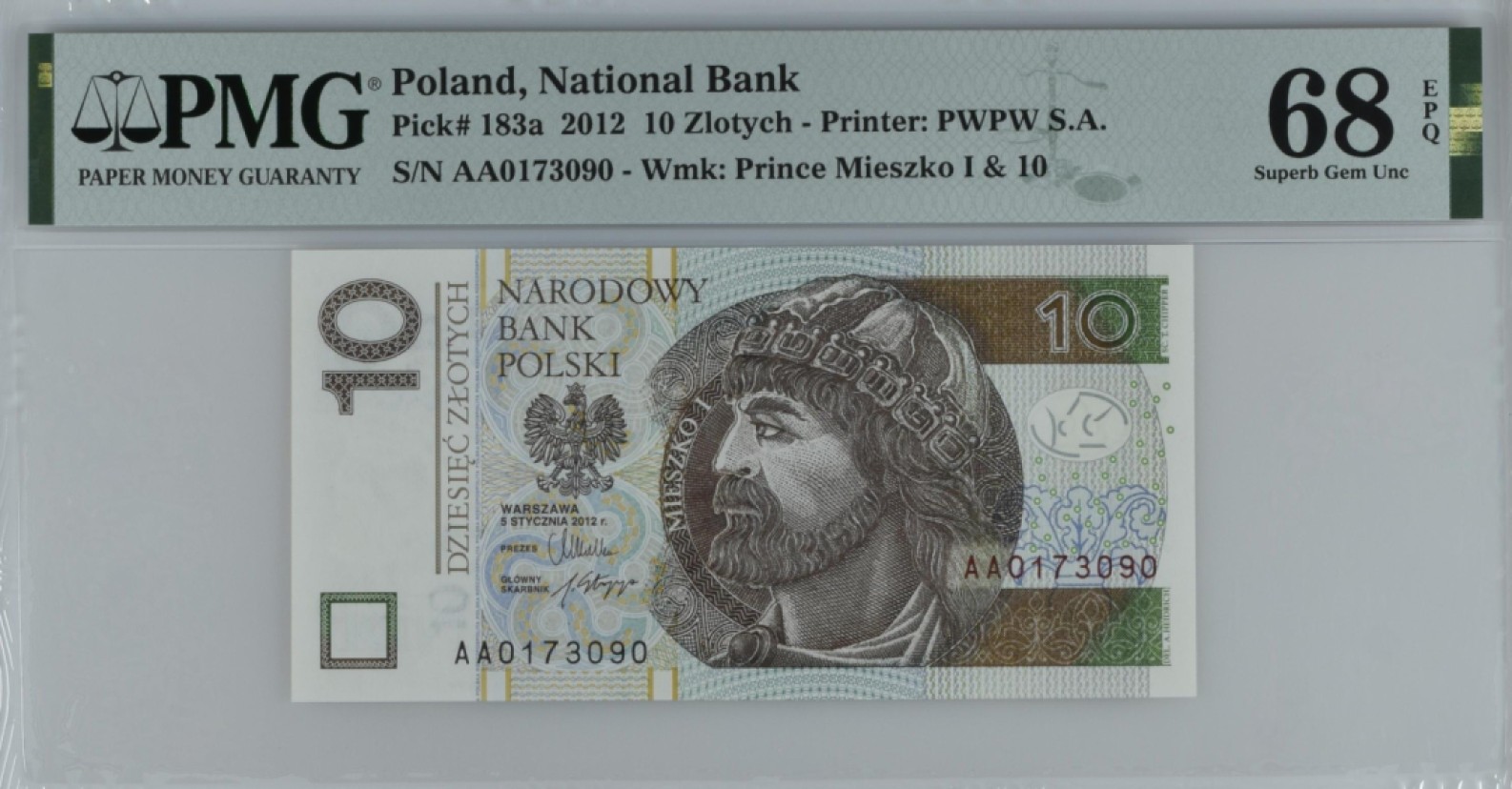 【Blue Auction】✨世界纸币精拍第294期——若泽一世国王 【AA】波兰 2012年10兹罗提 PMG68EPQ 高分