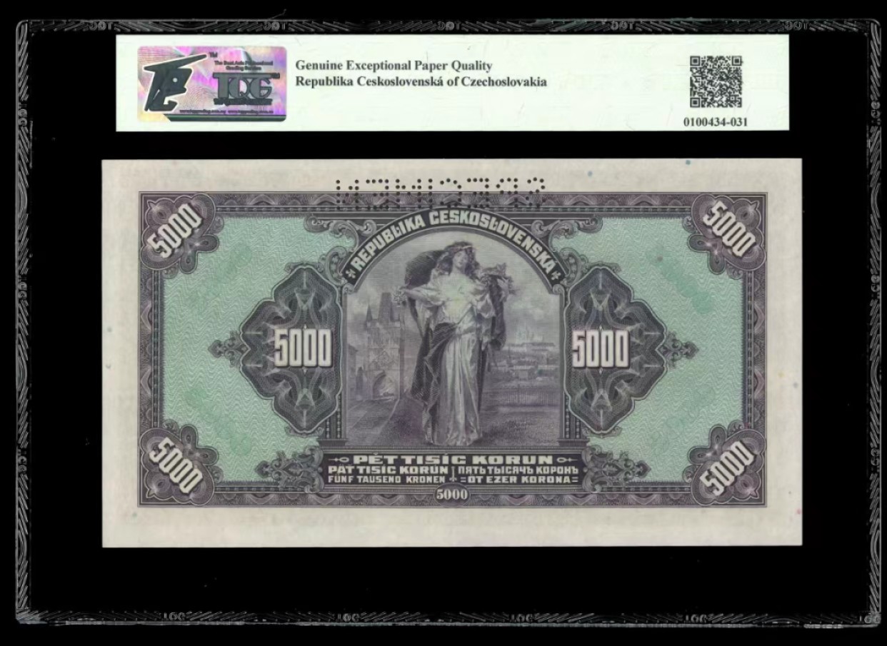 【Blue Auction】✨世界纸币精拍第294期——若泽一世国王 捷斯 1920年5000克朗 样钞 TQG66EPQ  ABNC大票幅 
