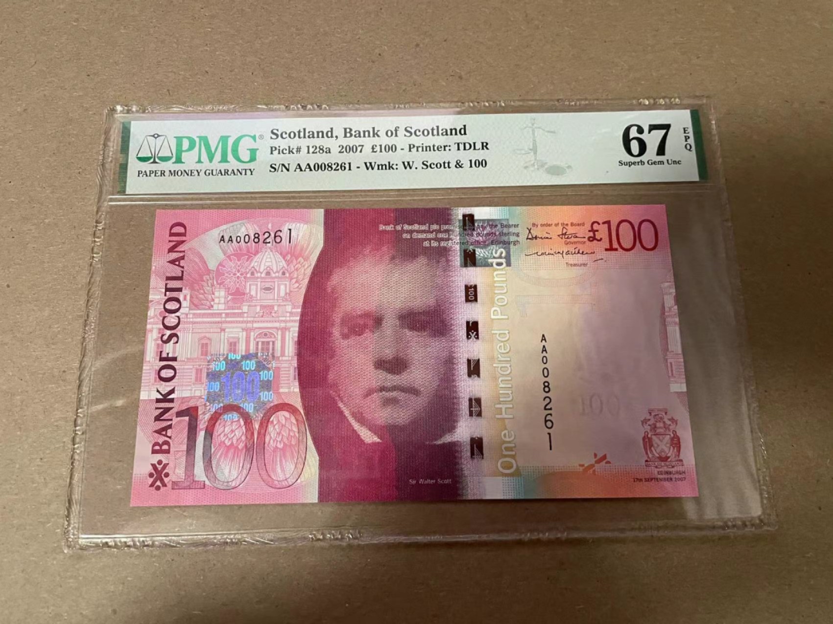 【Blue Auction】✨世界纸币精拍第294期——若泽一世国王 【AA无47千位号】苏格兰 2007年100镑 PMG67EPQ 