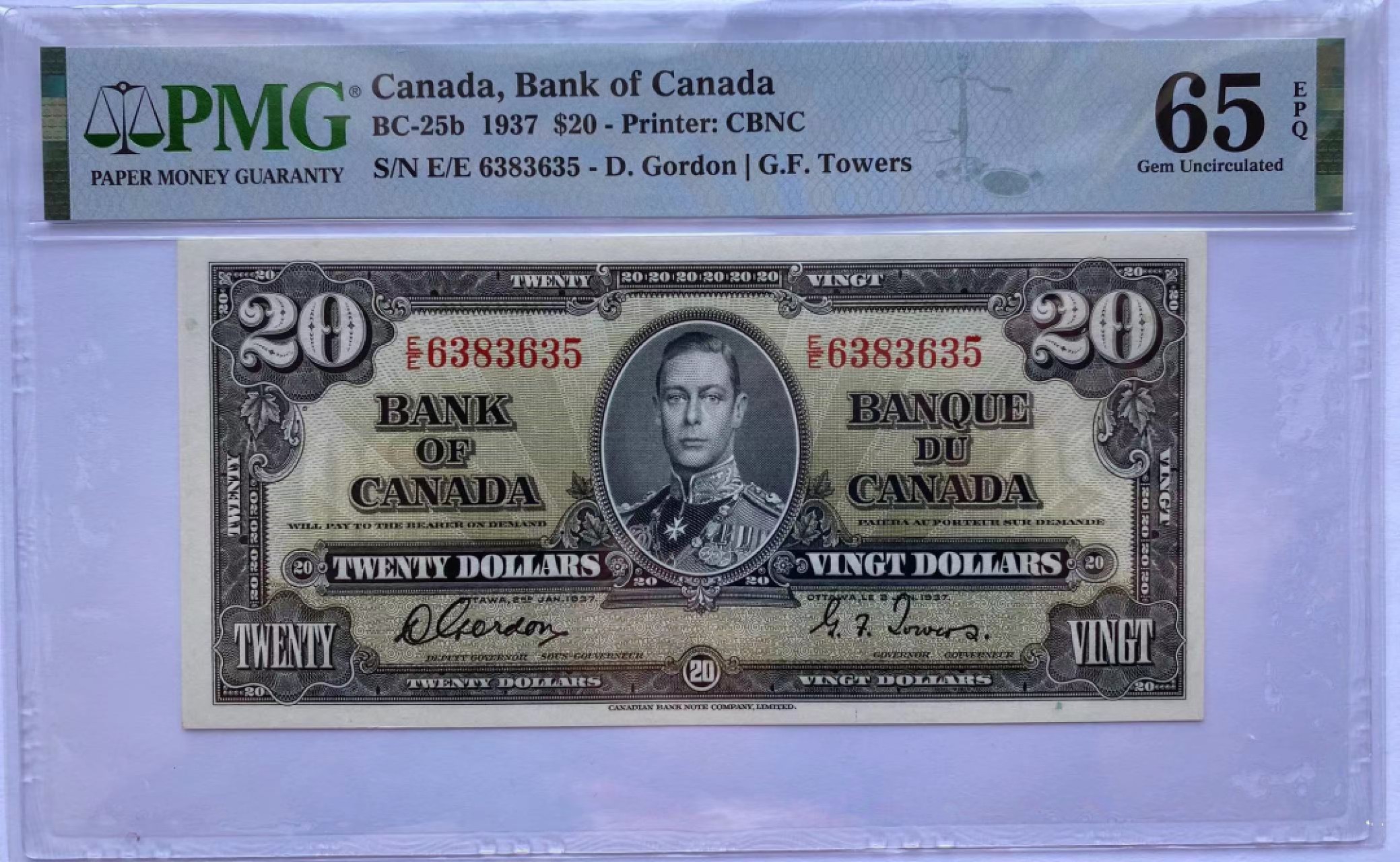 【Blue Auction】✨世界纸币精拍第294期——若泽一世国王 【无47】加拿大 1937年20元 英王乔六 PMG65EPQ 绝品 背面雕刻精美