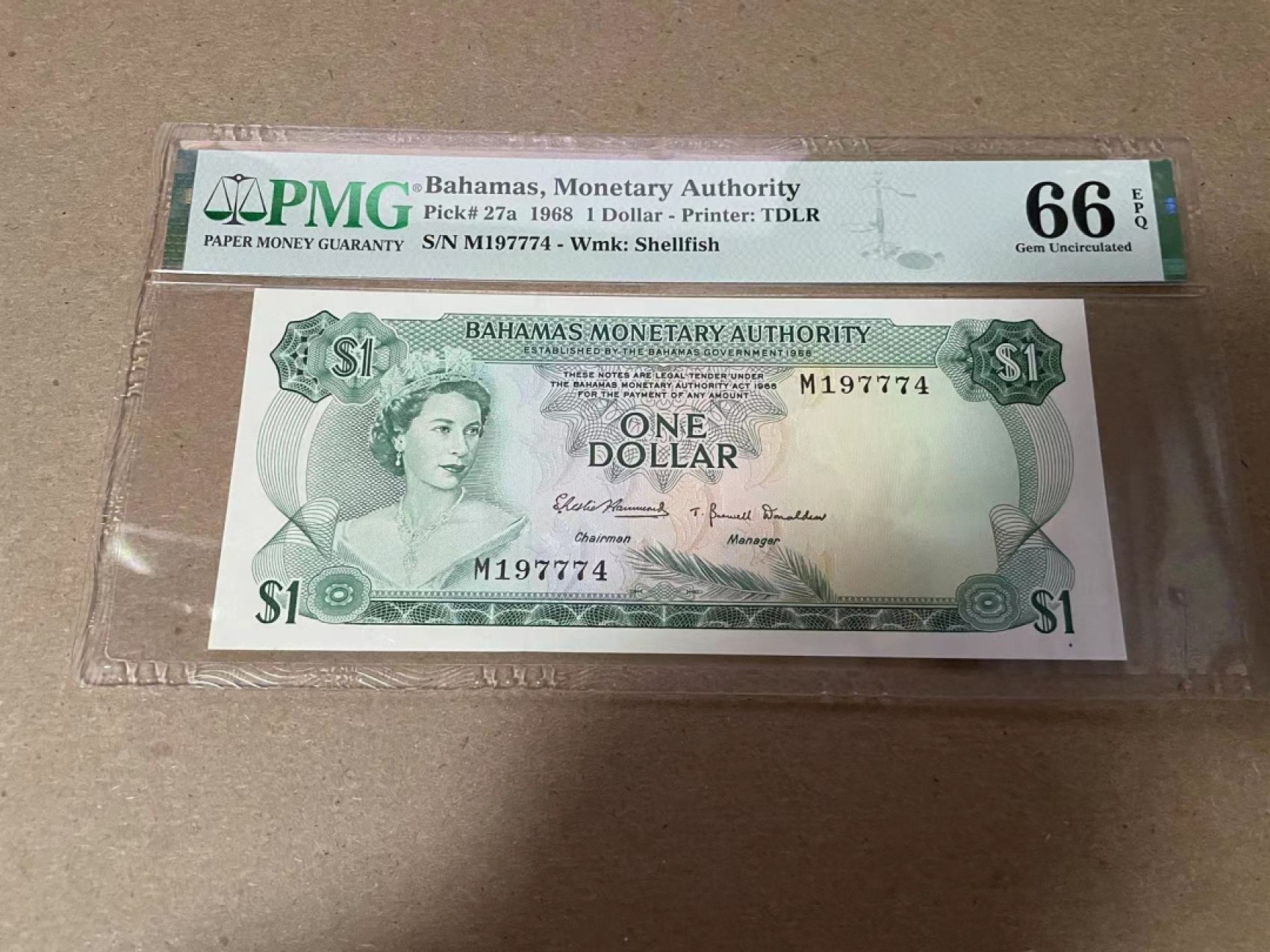 【Blue Auction】✨世界纸币精拍第294期——若泽一世国王 巴哈马 1968年1元 女王 彩背 PMG66EPQ 