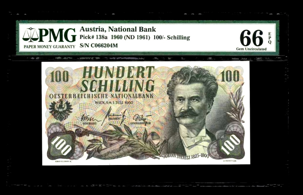 【Blue Auction】✨世界纸币精拍第294期——若泽一世国王 奥地利 1960年100先令 斯特劳斯 PMG66EPQ 