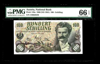 【Blue Auction】✨世界纸币精拍第294期——若泽一世国王 - 奥地利 1960年100先令 斯特劳斯 PMG66EPQ 