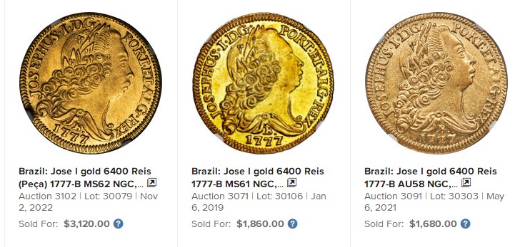 【Blue Auction】✨世界纸币精拍第294期——若泽一世国王 【该国王最后一年发行意义重大 18世纪老金币 仅3枚更高分】葡萄牙 “改革者”若泽一世国王 1777年6400R 大金币 NGC MS61 大卷毛精美 实物金光闪闪比图片漂亮