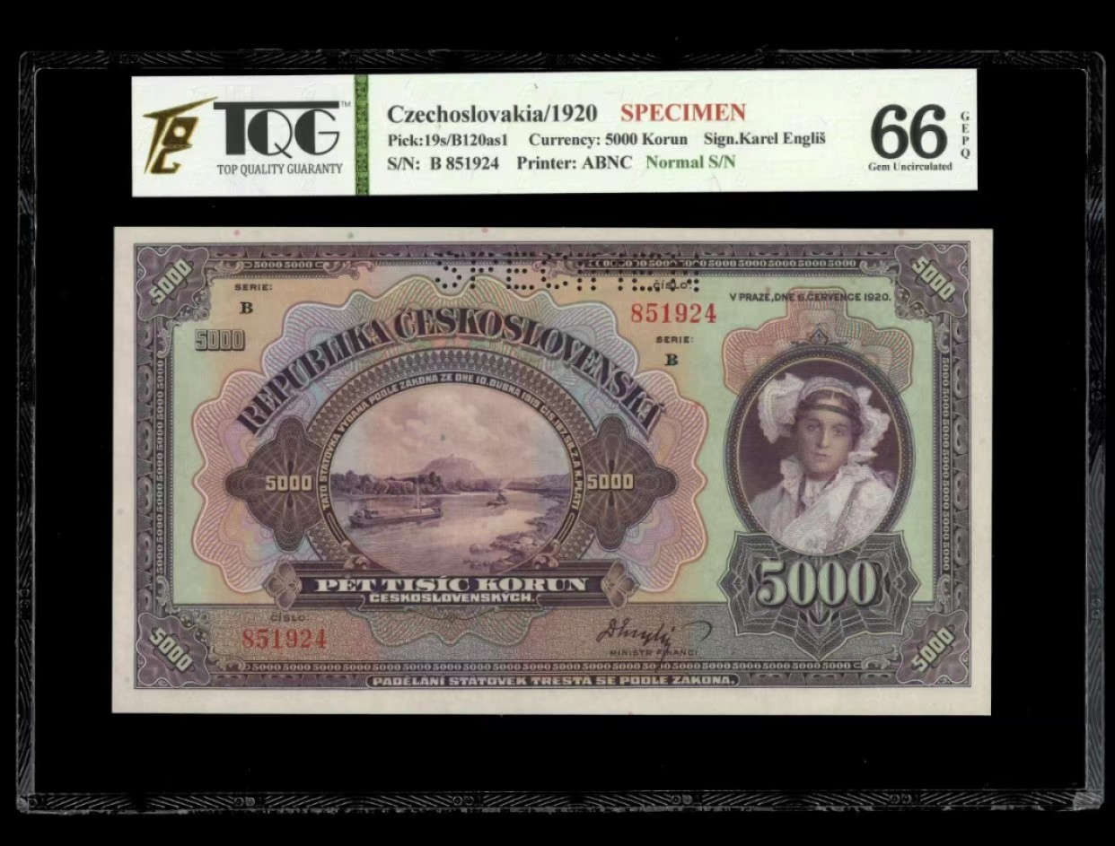 【Blue Auction】✨世界纸币精拍第294期——若泽一世国王 捷斯 1920年5000克朗 样钞 TQG66EPQ  ABNC大票幅 