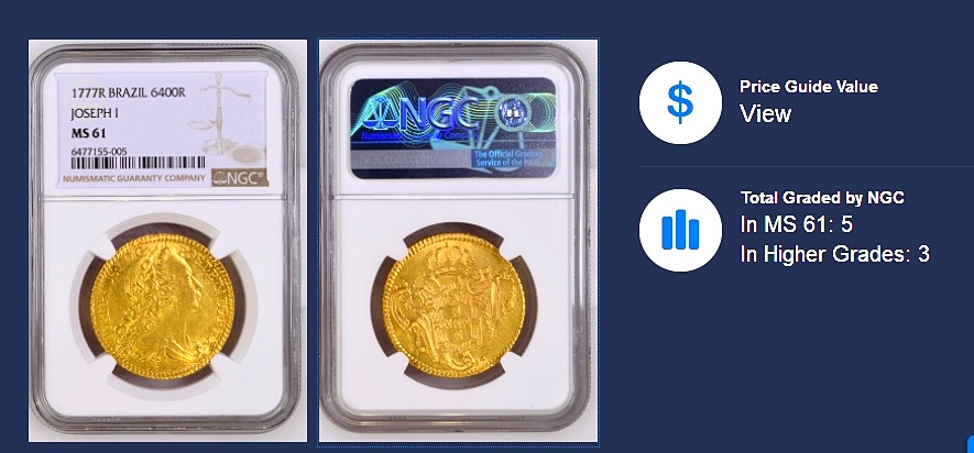 【Blue Auction】✨世界纸币精拍第294期——若泽一世国王 【该国王最后一年发行意义重大 18世纪老金币 仅3枚更高分】葡萄牙 “改革者”若泽一世国王 1777年6400R 大金币 NGC MS61 大卷毛精美 实物金光闪闪比图片漂亮
