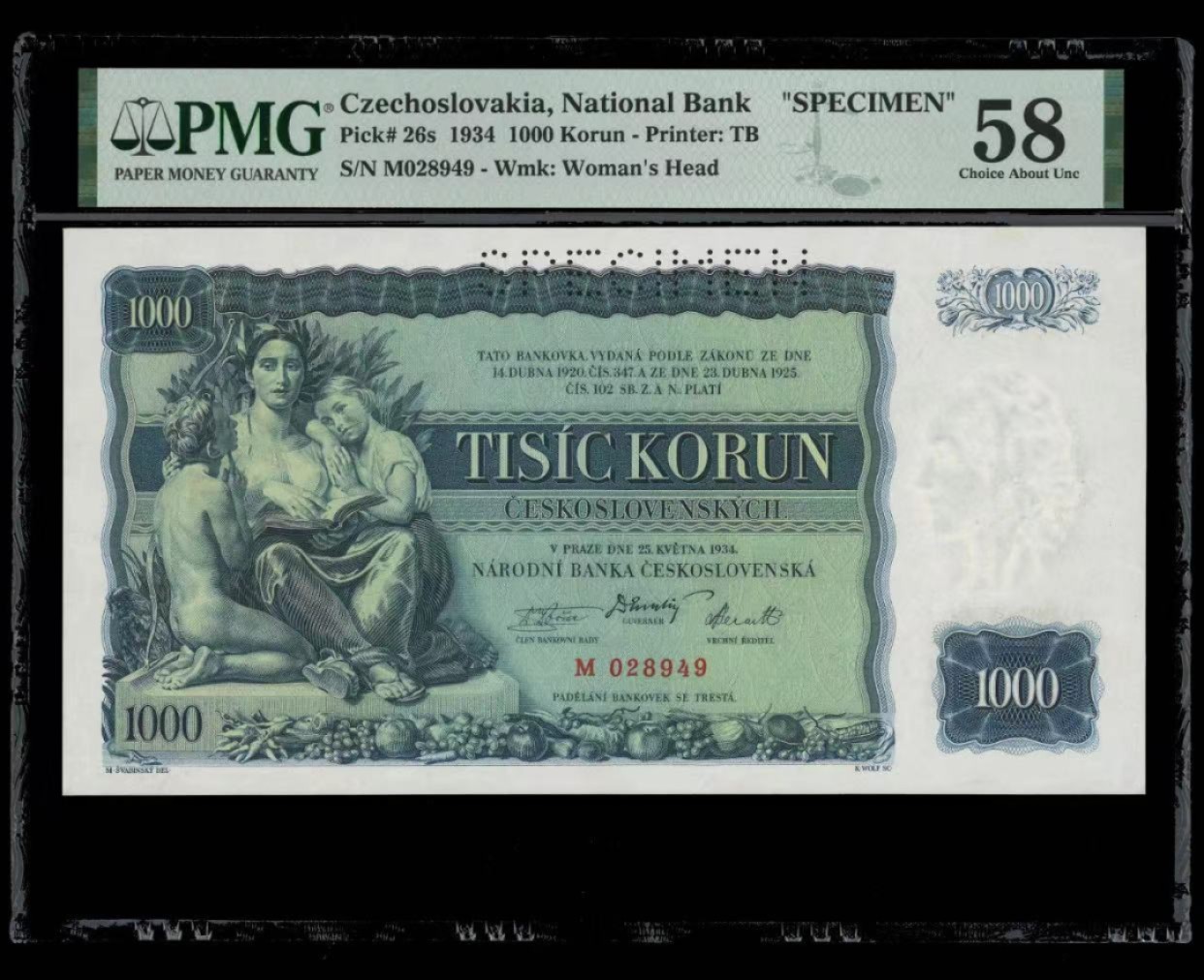 【Blue Auction】✨世界纸币精拍第294期——若泽一世国王 捷斯 1934年1000克朗 样钞 PMG58 大票幅 