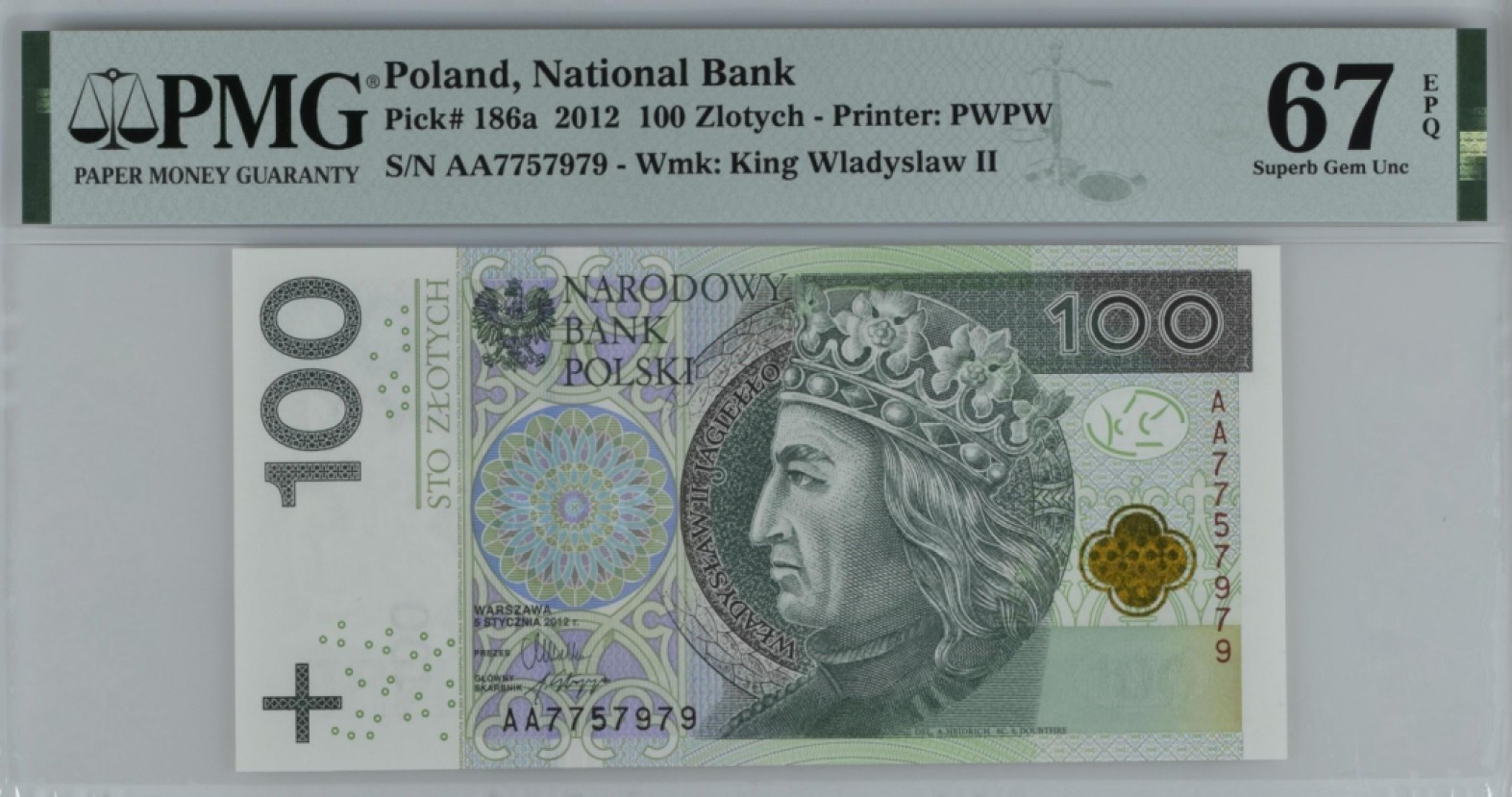 【Blue Auction】✨世界纸币精拍第294期——若泽一世国王 【AA】波兰 2012年100兹罗提 PMG67EPQ 