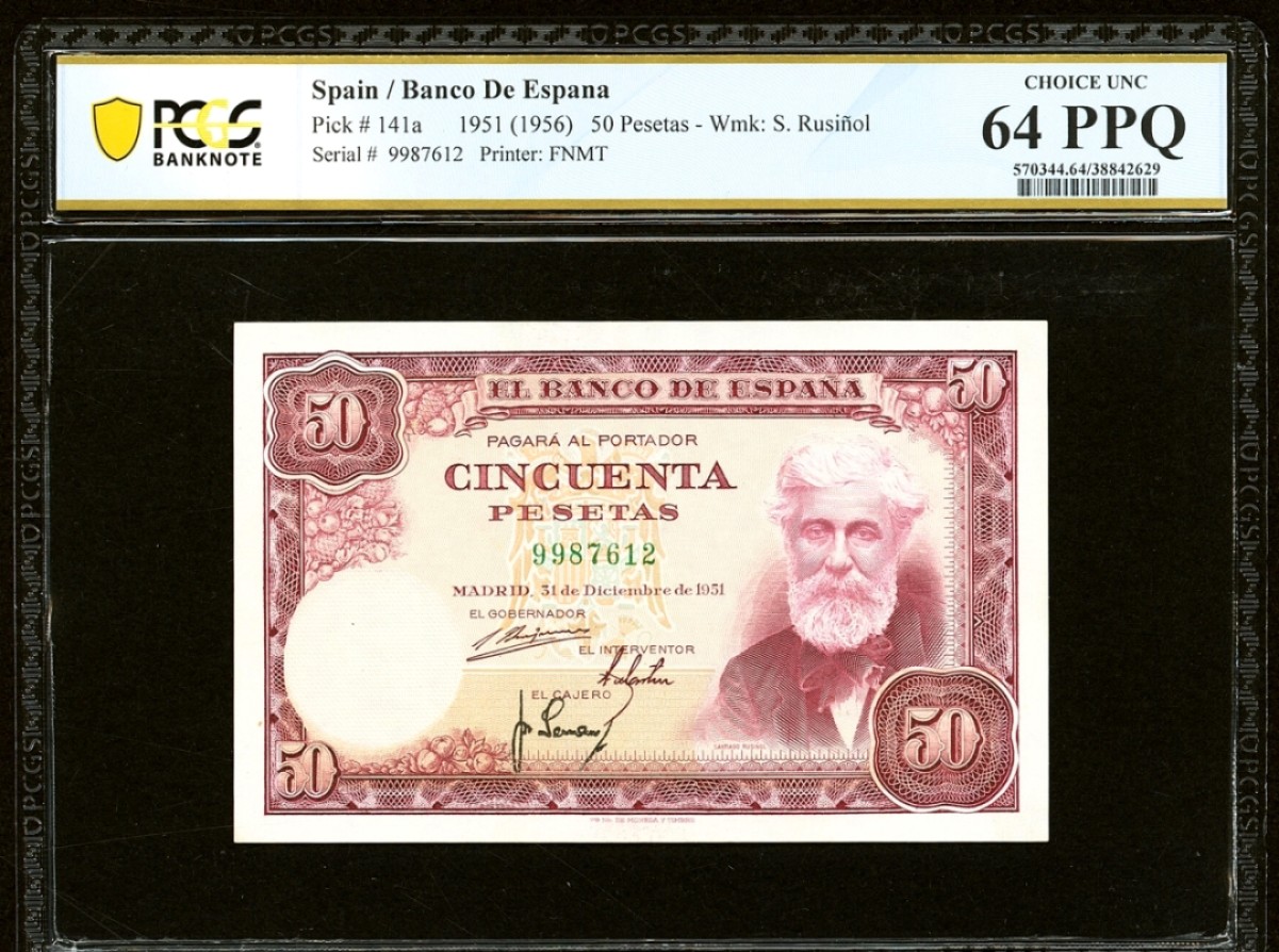 【Blue Auction】✨世界纸币精拍第294期——若泽一世国王 西班牙 1951年50比塞塔 PCGS64EPQ 全新原票 大胡子