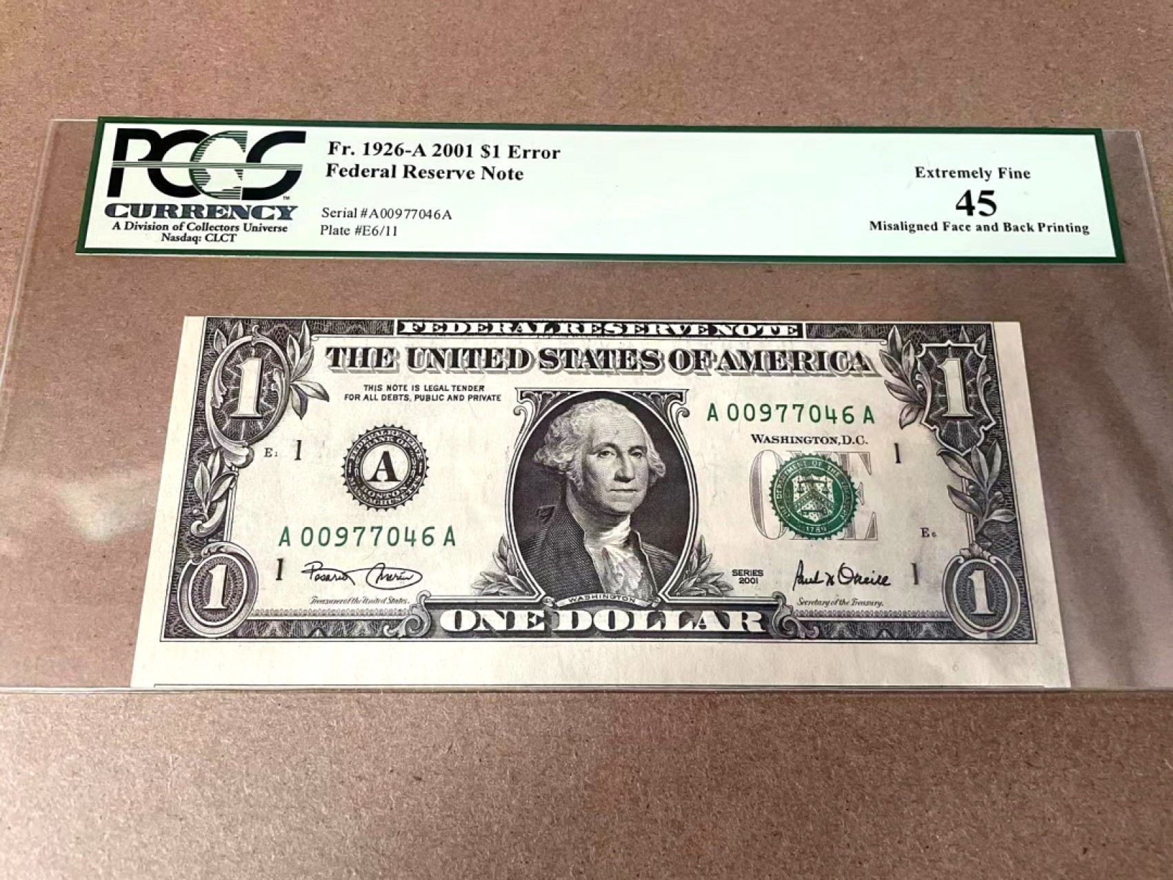 【Blue Auction】✨世界纸币精拍第294期——若泽一世国王 【错票AA冠 Misaligned face and  back printing】美国 2001年 1美金 PCGS绿标45 