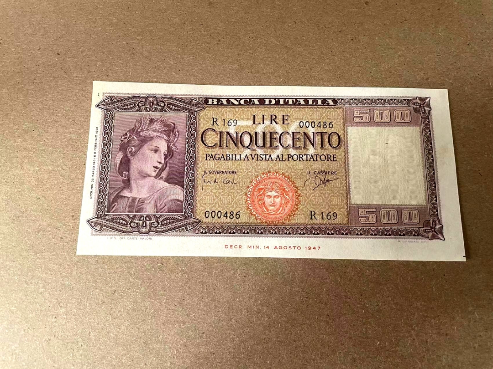 【Blue Auction】✨世界纸币精拍第294期——若泽一世国王 【百位小号少见】意大利 1961年500里拉 经典谷神 UNC- 水印精美  