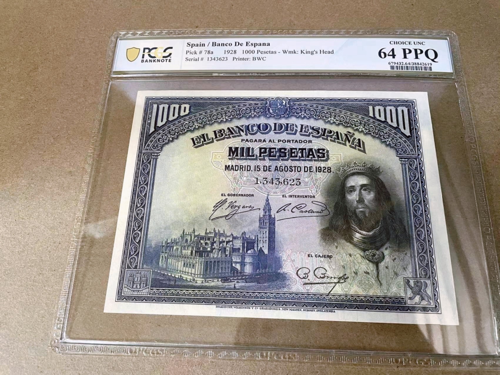 【Blue Auction】✨世界纸币精拍第294期——若泽一世国王 西班牙 1928年1000比塞塔 PCGS64EPQ 全新原票 大方块 雕刻精美