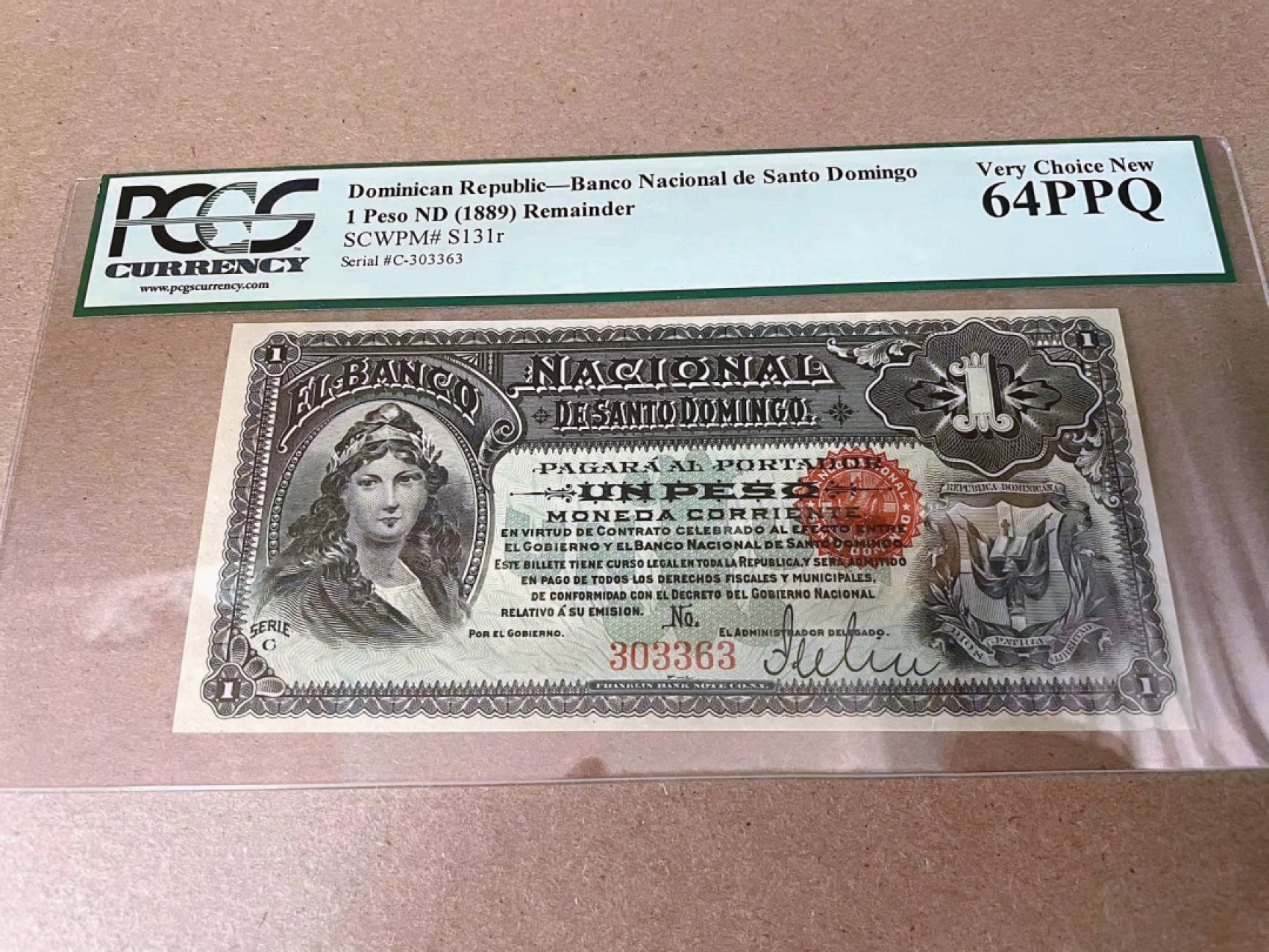 【Blue Auction】✨世界纸币精拍第294期——若泽一世国王 【百年风云】多米尼加 1889年1比索 PCGS绿标64EPQ 全新原票 美女 双面雕刻绿钞
