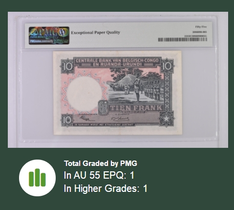 【Blue Auction】✨世界纸币精拍第294期——若泽一世国王 【777豹子号罕见 A冠 仅1张更高分 唯一亚军】 比属刚果 1952年10法郎 PMG55EPQ 原票少见 比刚少见品种升值中 风土人情