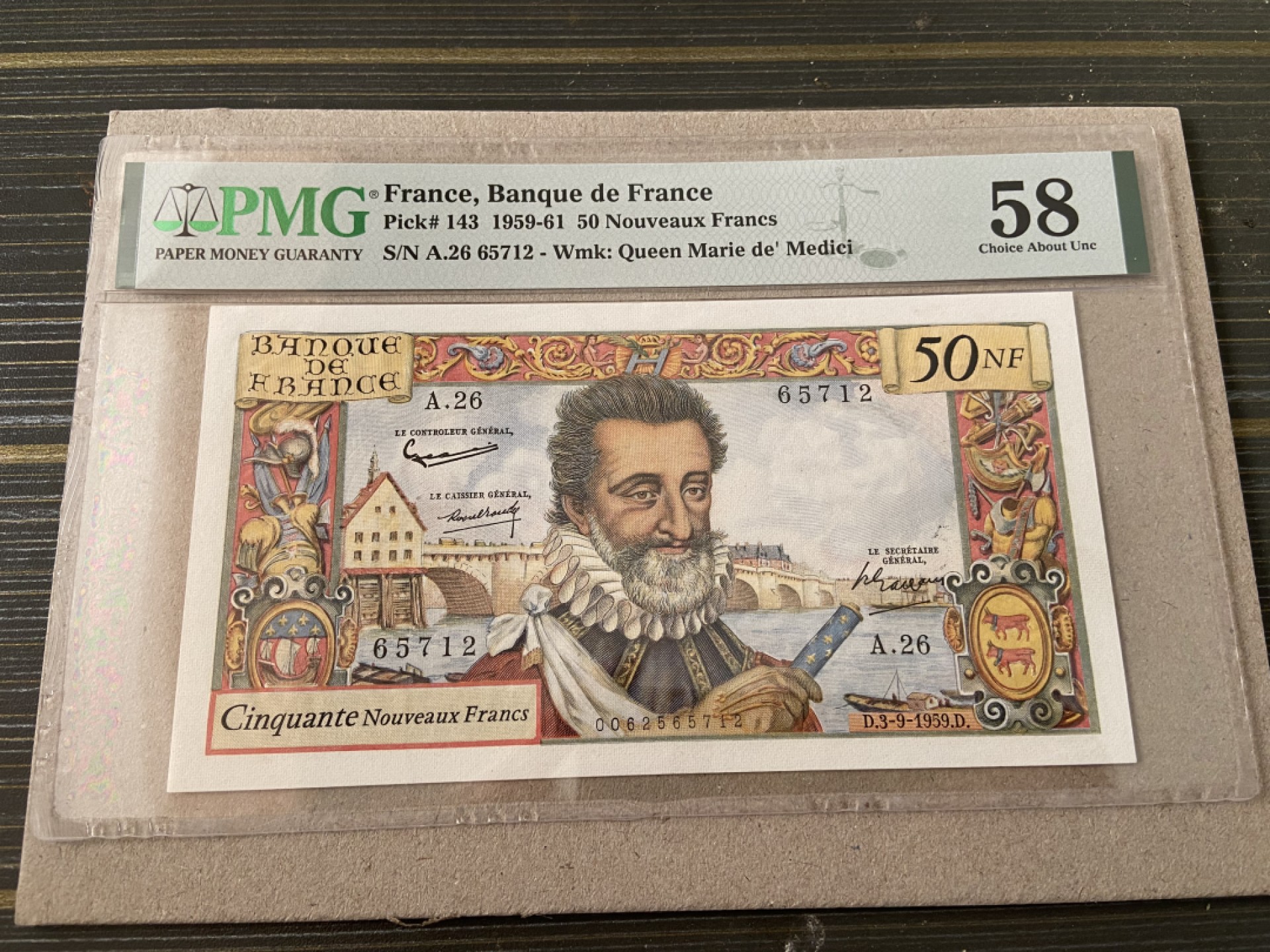 【Blue Auction】✨世界纸币精拍第294期——若泽一世国王 法国 1959年50新法郎 PMG58 亨利四世 设计精美