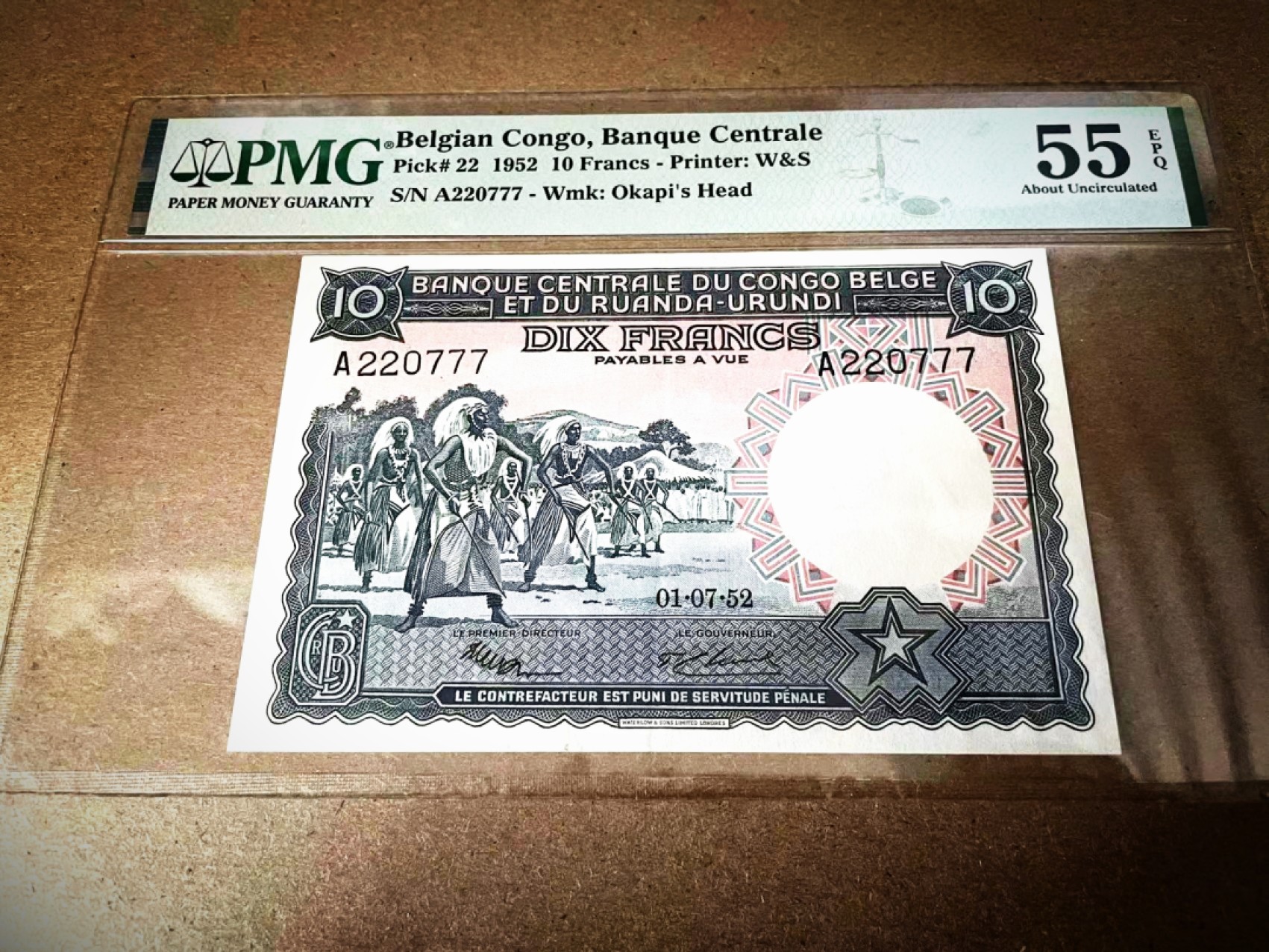 【Blue Auction】✨世界纸币精拍第294期——若泽一世国王 【777豹子号罕见 A冠 仅1张更高分 唯一亚军】 比属刚果 1952年10法郎 PMG55EPQ 原票少见 比刚少见品种升值中 风土人情