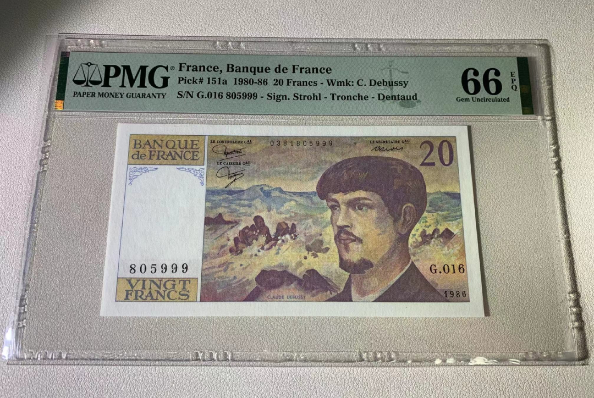 【Blue Auction】✨世界纸币精拍第294期——若泽一世国王 【999豹子号无47】法国 1986年20法郎 PMG66EPQ 