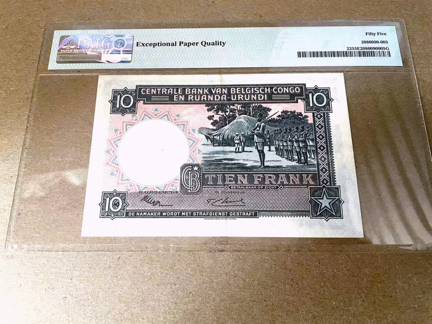 【Blue Auction】✨世界纸币精拍第294期——若泽一世国王 【777豹子号罕见 A冠 仅1张更高分 唯一亚军】 比属刚果 1952年10法郎 PMG55EPQ 原票少见 比刚少见品种升值中 风土人情