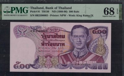 泰国500铢 1988年至1996年 P-91 签名如图 无47 亚洲纸币 实物如图 UNC - 泰国500铢 1988年至1996年 P-91 签名如图 无47 亚洲纸币 实物如图 UNC