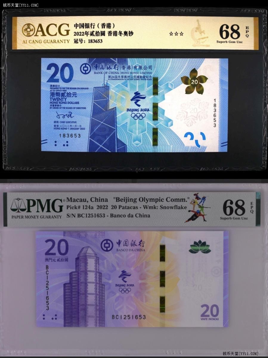 小骏钱币 香港澳门冬奥纪念钞尾3同