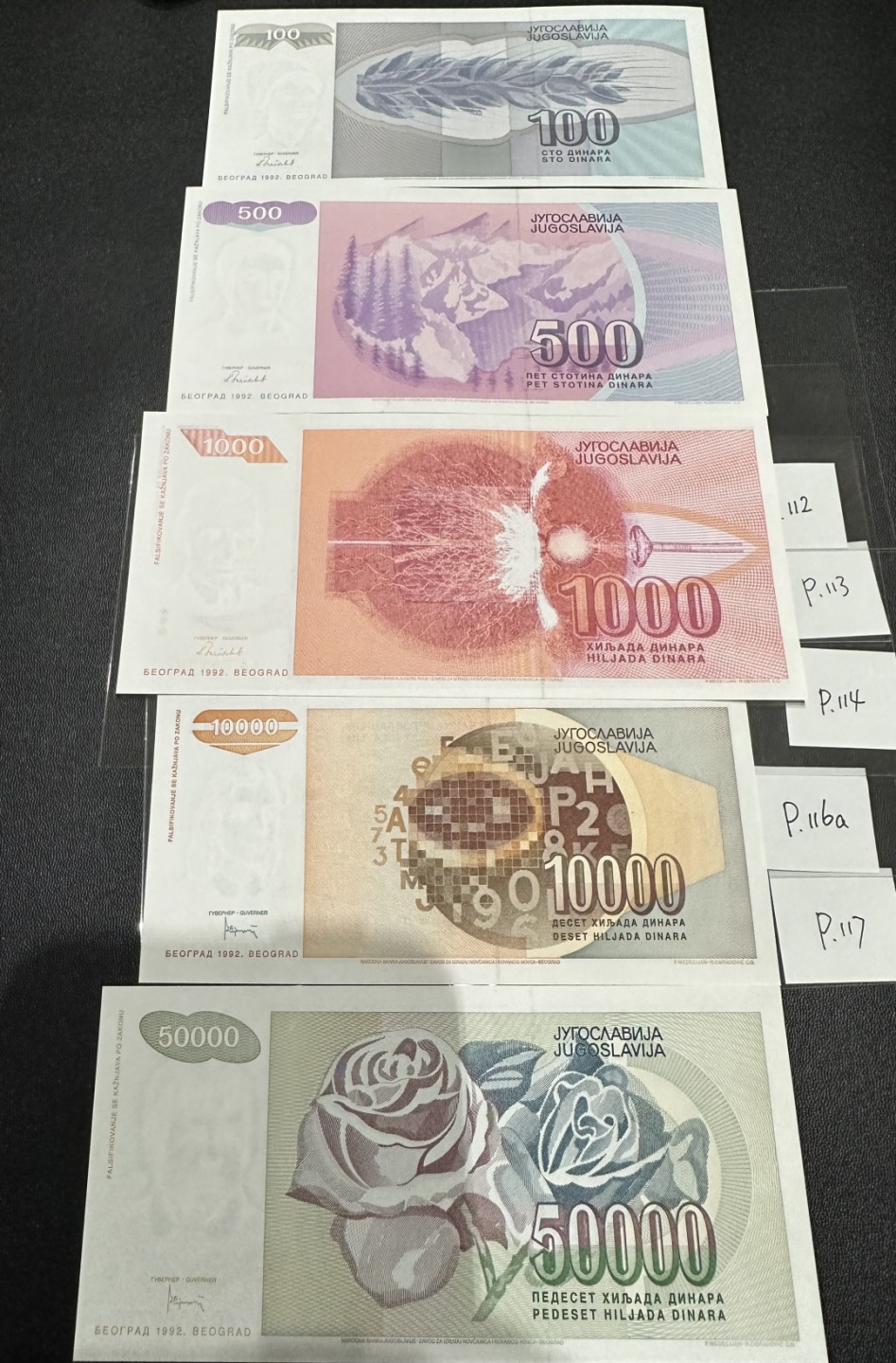 《外钞收藏家》第二百四十三期（南斯拉夫、塞尔维亚、马其顿专场） 南斯拉夫1992年版全套6枚缺1，100/500/1000/1W/5W第纳尔