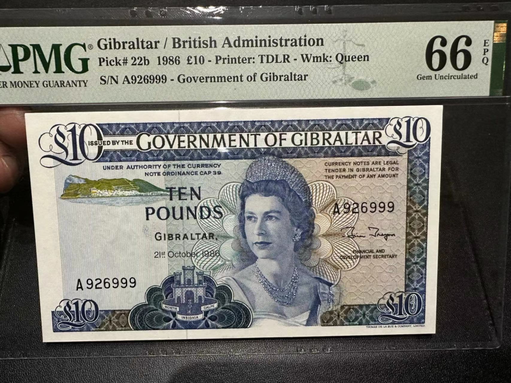 《外钞收藏家》第二百四十四期 连拍场二 1986年直布罗陀10镑 PMG66 A冠 无47 豹子号999