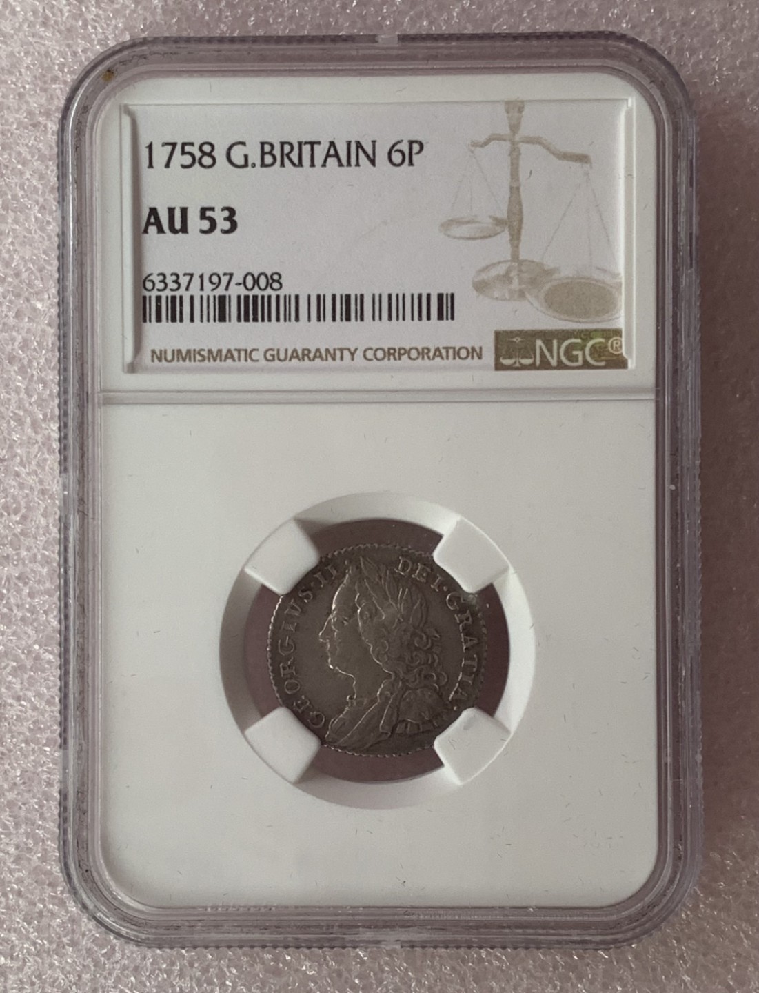 瓶子🏺第80期拍卖会 英国1758年乔治二世6便士银币NGC AU53五彩好状态低评