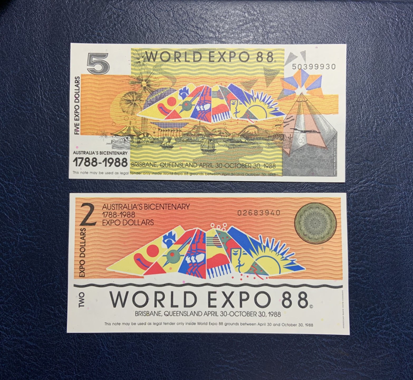 收藏联盟Quantum Auction 第235期拍卖 澳大利亚1988年布里斯班世博会2~5元代金券 品相全新UNC 正面都是凹印