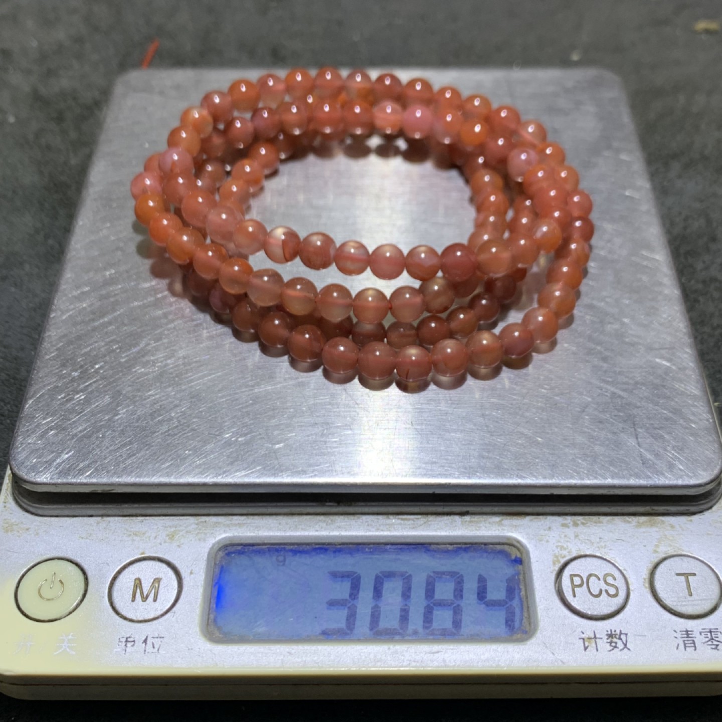 川料南红玛瑙柿子红冰飘多圈手串一条，