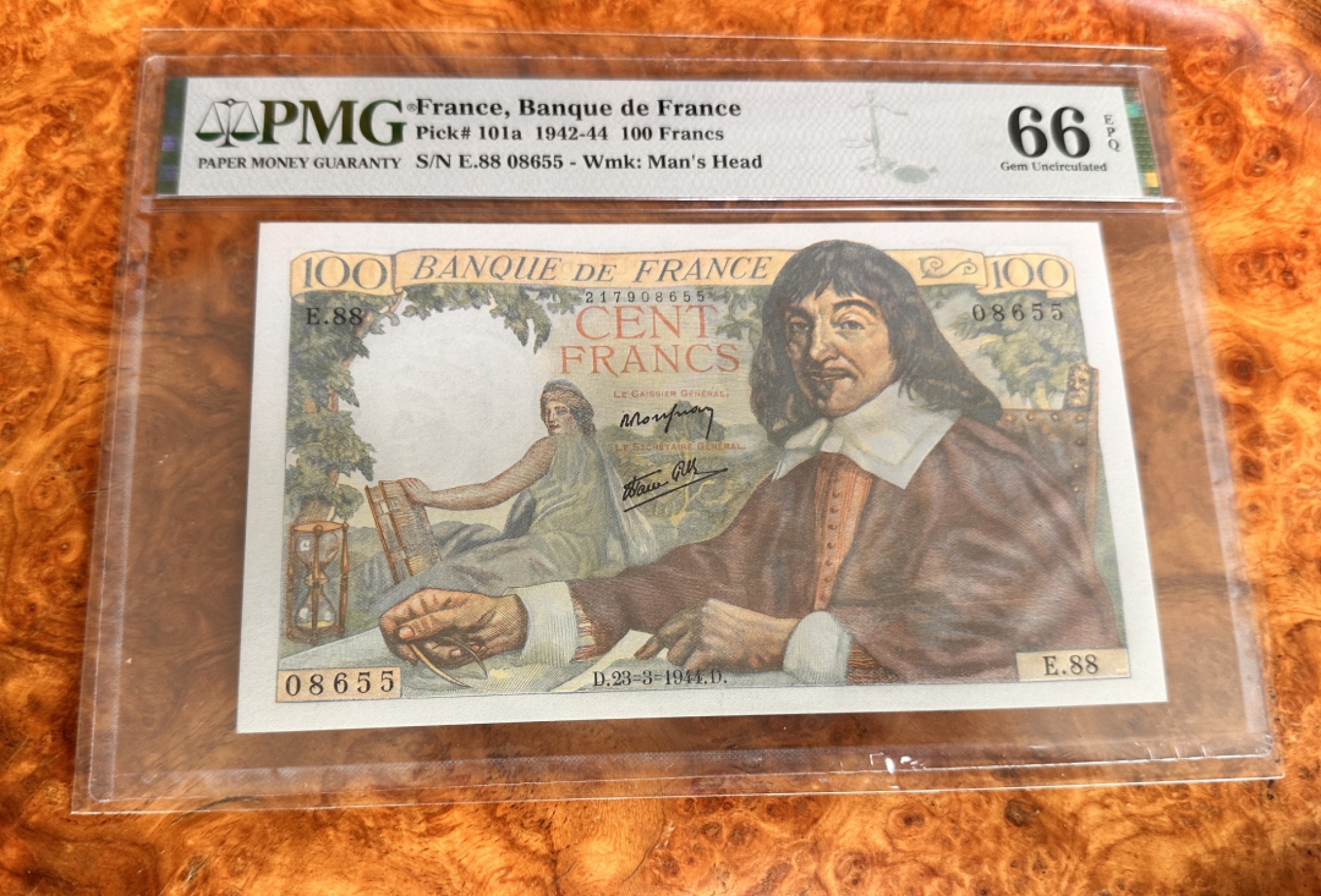 Chase Auction 第18期 - - 外钞、民国钞和人民币混合场！ 1942年法国100法郎，PMG66，笛卡尔，无347！